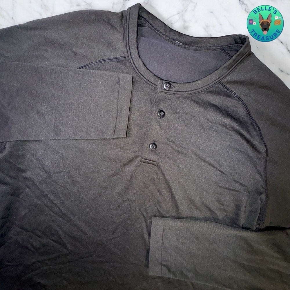 Lululemon Shirt Men Large Metal Vent Tech Dark‎ Green Henley Long Sleeve Top Gym